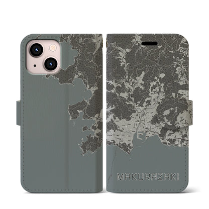 【枕崎（鹿児島県）】地図柄iPhoneケース（手帳タイプ）モノトーン・iPhone 13 mini 用