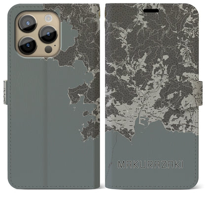 【枕崎（鹿児島県）】地図柄iPhoneケース（手帳タイプ）モノトーン・iPhone 14 Pro Max 用