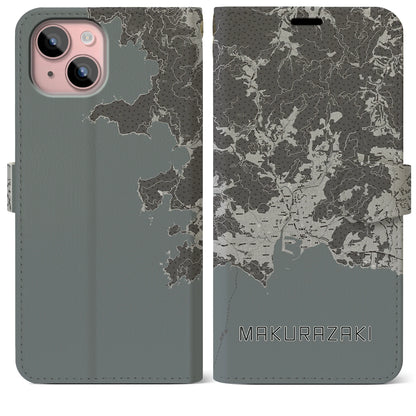 【枕崎（鹿児島県）】地図柄iPhoneケース（手帳タイプ）モノトーン・iPhone 15 Plus 用