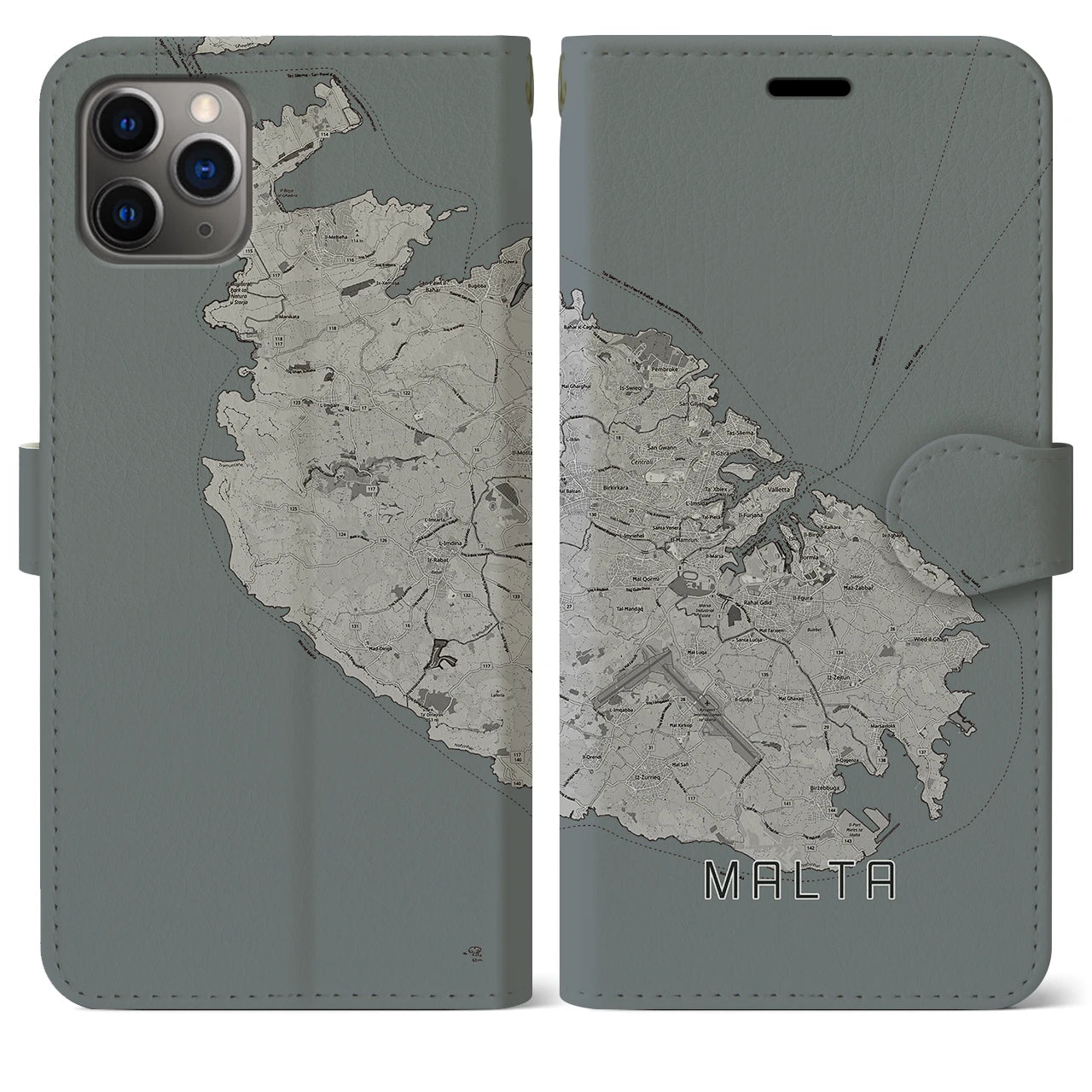 【マルタ】地図柄iPhoneケース（手帳両面タイプ・モノトーン）iPhone 11 Pro Max 用