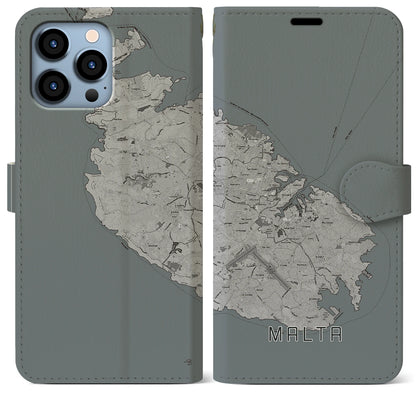 【マルタ】地図柄iPhoneケース（手帳タイプ）モノトーン・iPhone 13 Pro Max 用
