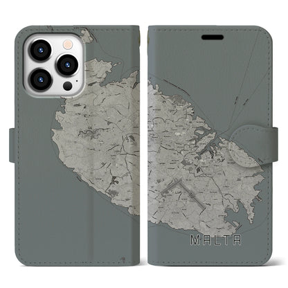 【マルタ】地図柄iPhoneケース（手帳タイプ）モノトーン・iPhone 13 Pro 用