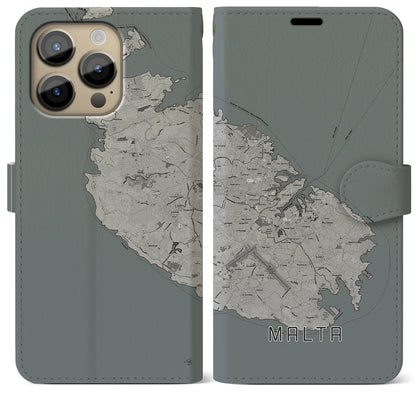 【マルタ】地図柄iPhoneケース（手帳タイプ）モノトーン・iPhone 14 Pro Max 用