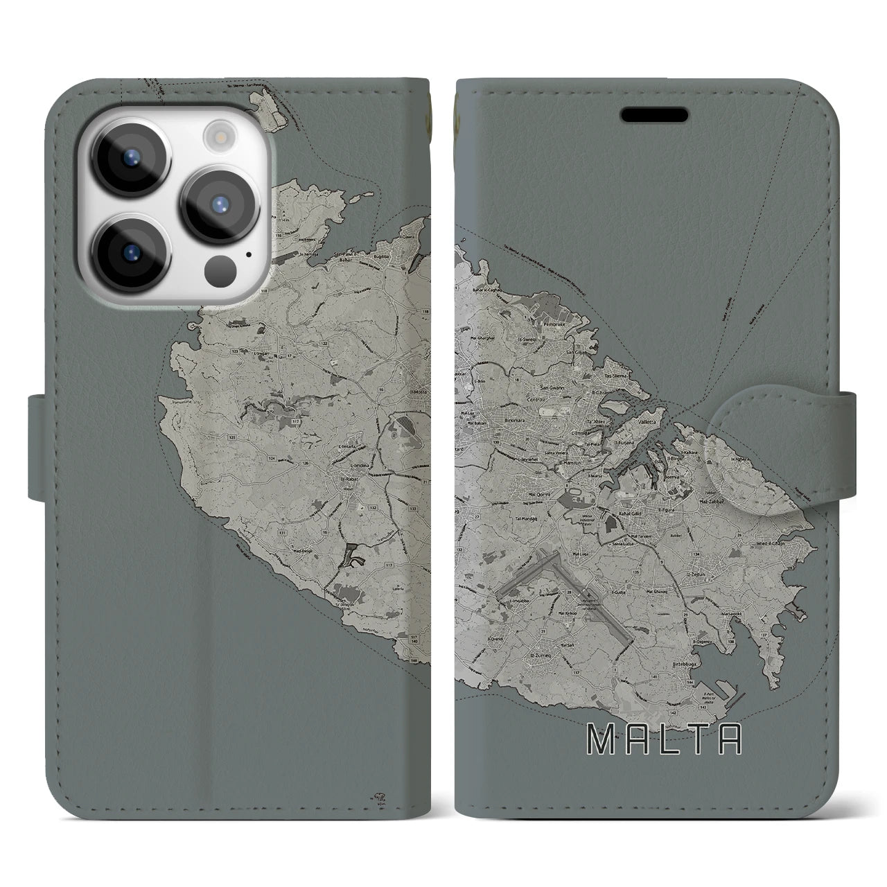 【マルタ】地図柄iPhoneケース（手帳両面タイプ・モノトーン）iPhone 14 Pro 用