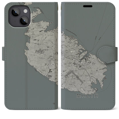【マルタ】地図柄iPhoneケース（手帳タイプ）モノトーン・iPhone 14 Plus 用