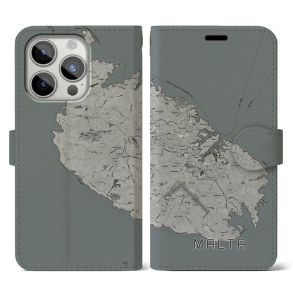 【マルタ】地図柄iPhoneケース（手帳タイプ）モノトーン・iPhone 15 Pro 用