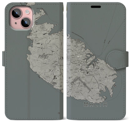 【マルタ】地図柄iPhoneケース（手帳タイプ）モノトーン・iPhone 15 Plus 用