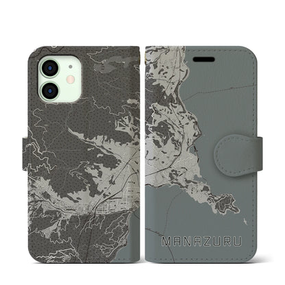 【真鶴（神奈川県）】地図柄iPhoneケース（手帳タイプ）モノトーン・iPhone 12 mini 用