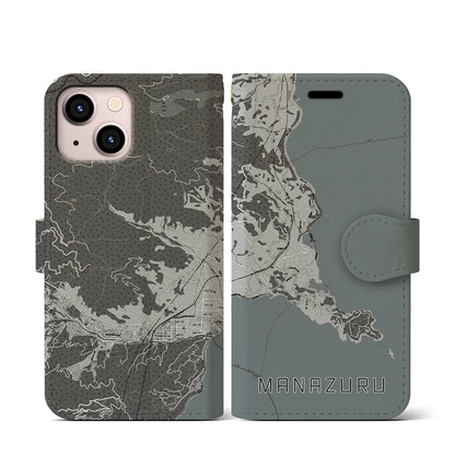 【真鶴（神奈川県）】地図柄iPhoneケース（手帳タイプ）モノトーン・iPhone 13 mini 用