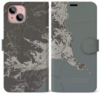 【真鶴（神奈川県）】地図柄iPhoneケース（手帳タイプ）モノトーン・iPhone 15 Plus 用