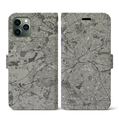 【マンチェスター（イギリス）】地図柄iPhoneケース（手帳タイプ）モノトーン・iPhone 11 Pro 用