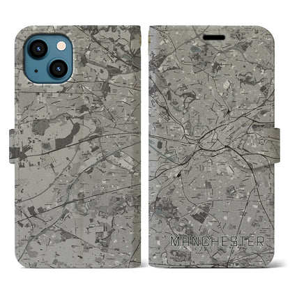 【マンチェスター（イギリス）】地図柄iPhoneケース（手帳タイプ）モノトーン・iPhone 13 用