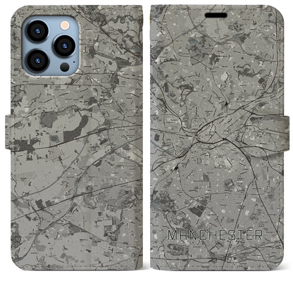 【マンチェスター（イギリス）】地図柄iPhoneケース（手帳タイプ）モノトーン・iPhone 13 Pro Max 用