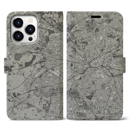 【マンチェスター（イギリス）】地図柄iPhoneケース（手帳タイプ）モノトーン・iPhone 13 Pro 用