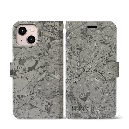 【マンチェスター（イギリス）】地図柄iPhoneケース（手帳タイプ）モノトーン・iPhone 13 mini 用