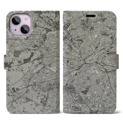 【マンチェスター（イギリス）】地図柄iPhoneケース（手帳タイプ）モノトーン・iPhone 14 用