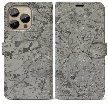 【マンチェスター（イギリス）】地図柄iPhoneケース（手帳タイプ）モノトーン・iPhone 14 Pro Max 用