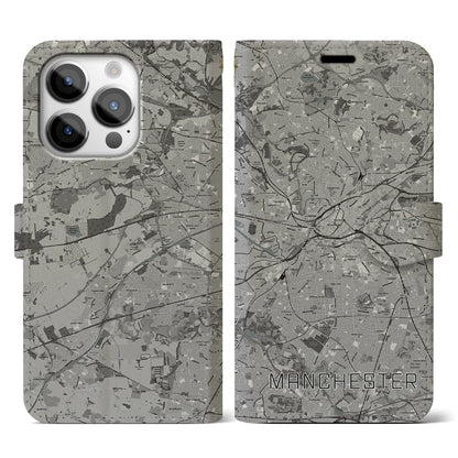 【マンチェスター（イギリス）】地図柄iPhoneケース（手帳タイプ）モノトーン・iPhone 14 Pro 用