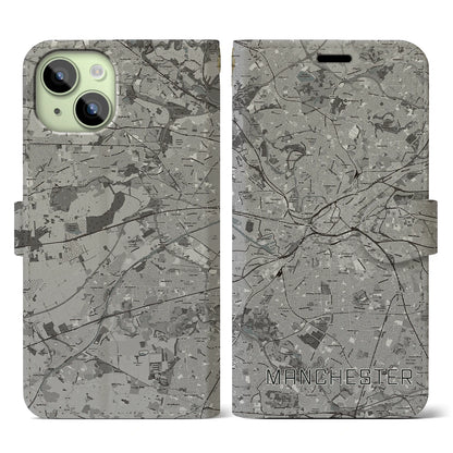 【マンチェスター（イギリス）】地図柄iPhoneケース（手帳タイプ）モノトーン・iPhone 15 用
