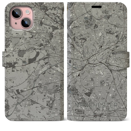 【マンチェスター（イギリス）】地図柄iPhoneケース（手帳タイプ）モノトーン・iPhone 15 Plus 用