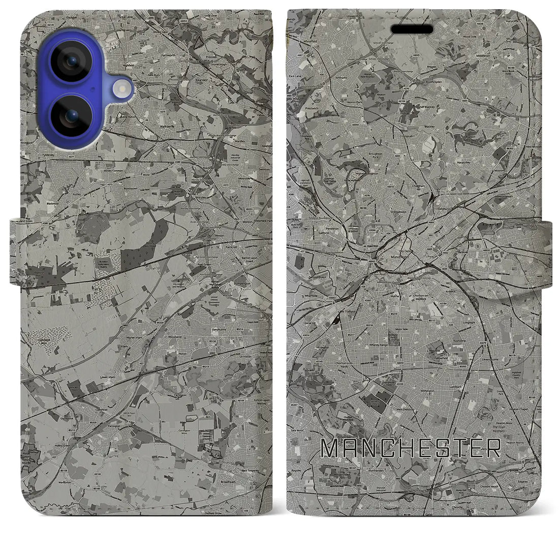 【マンチェスター(イギリス)】地図柄iPhoneケース(手帳タイプ)モノトーン・iPhone 16 Pro Max 用