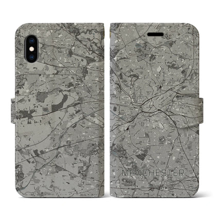【マンチェスター（イギリス）】地図柄iPhoneケース（手帳タイプ）モノトーン・iPhone XS / X 用