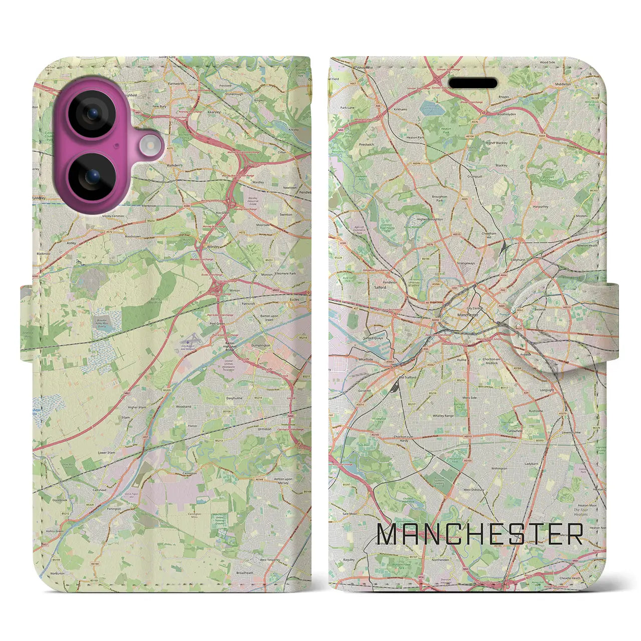 【マンチェスター（イギリス）】地図柄iPhoneケース（手帳タイプ）ナチュラル・iPhone 16 Pro 用