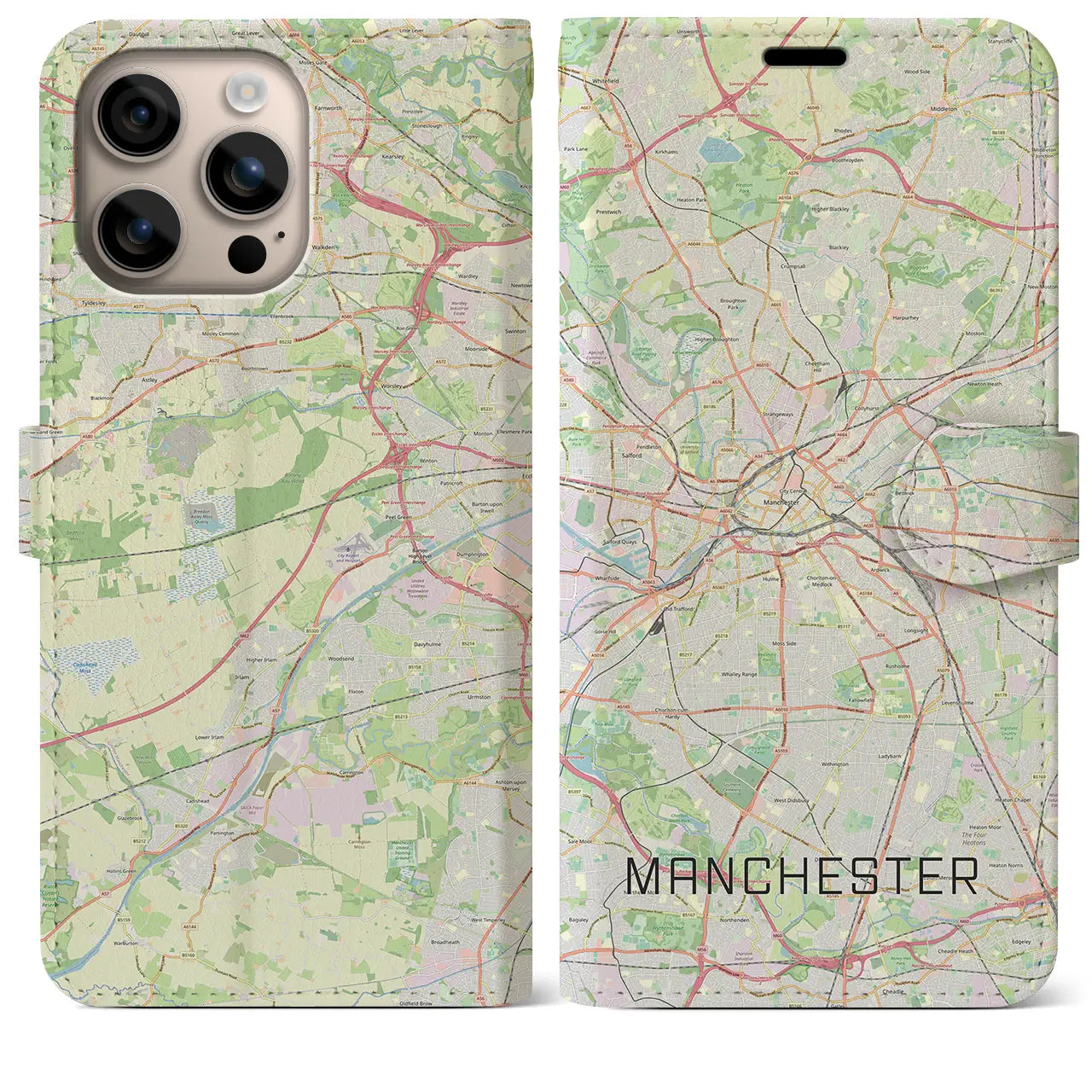 【マンチェスター（イギリス）】地図柄iPhoneケース（手帳タイプ）ナチュラル・iPhone 16 Plus 用