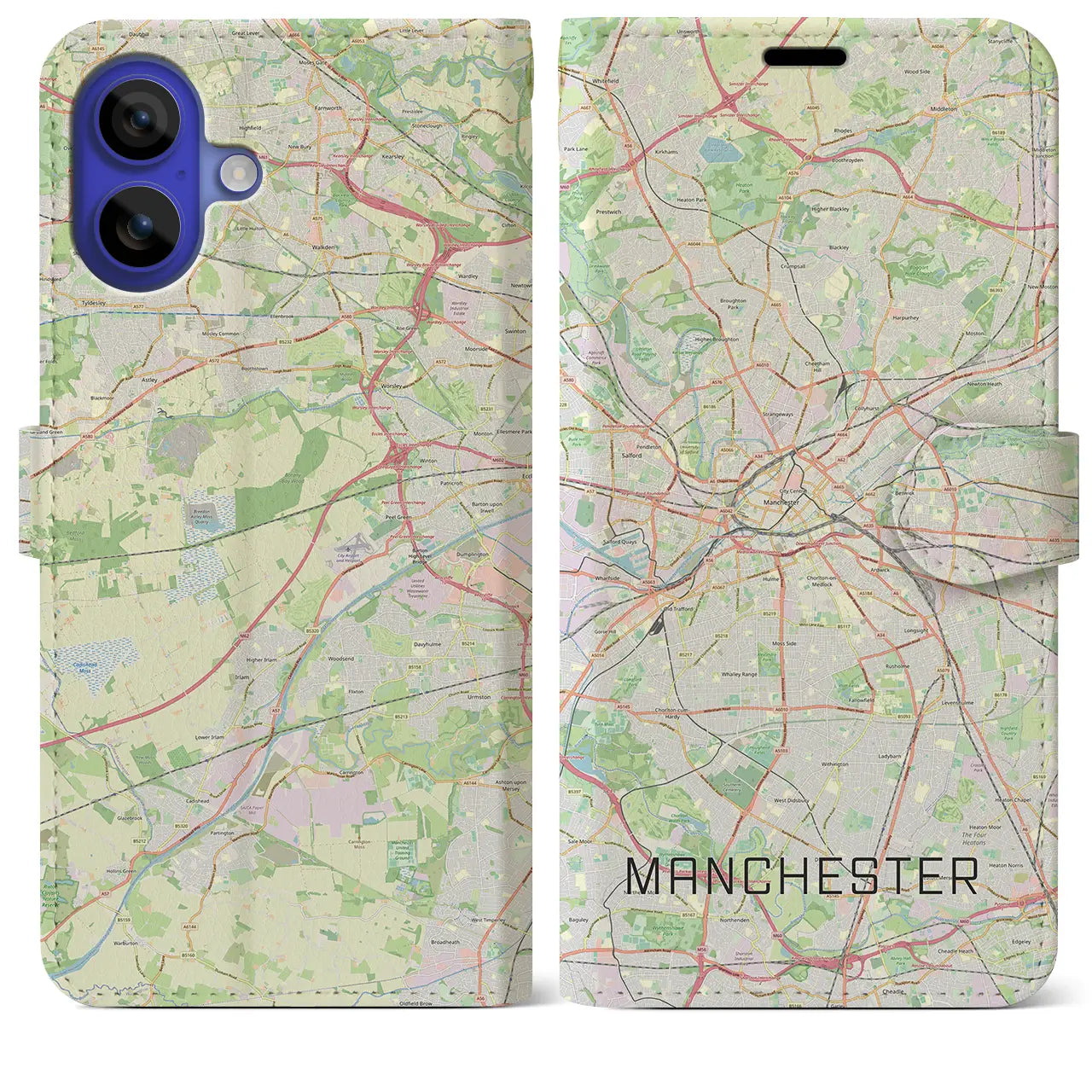 【マンチェスター（イギリス）】地図柄iPhoneケース（手帳タイプ）ナチュラル・iPhone 16 Pro Max 用