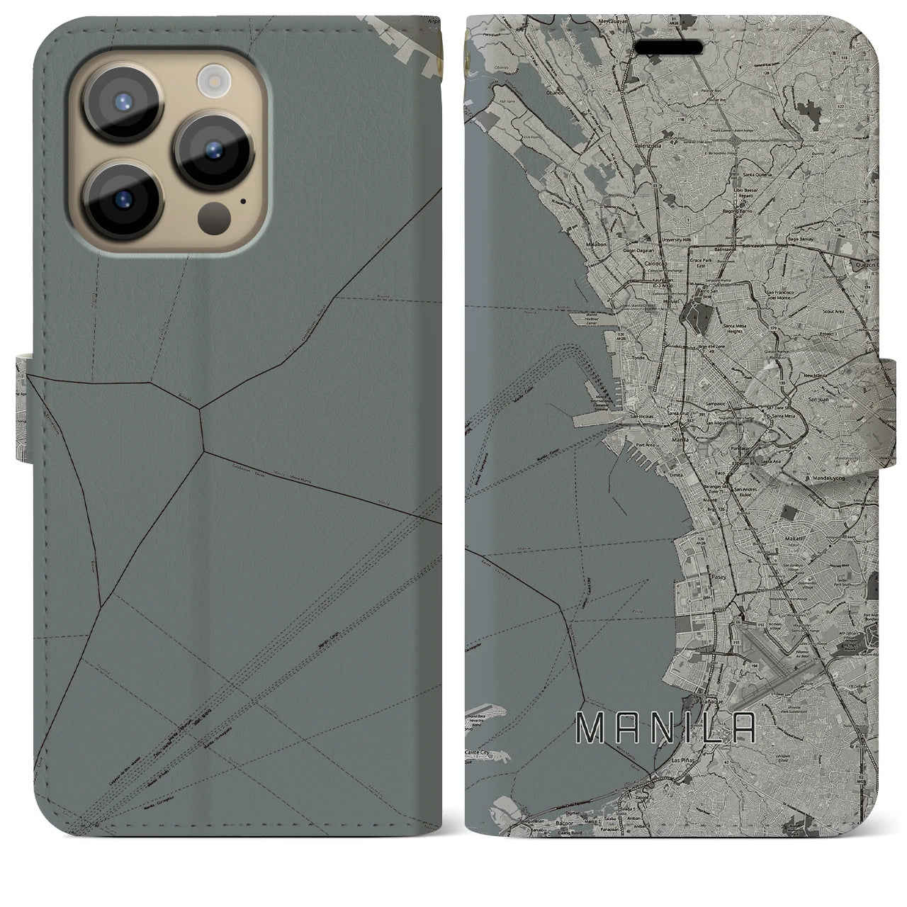 【マニラ】地図柄iPhoneケース（手帳両面タイプ・モノトーン）iPhone 14 Pro Max 用