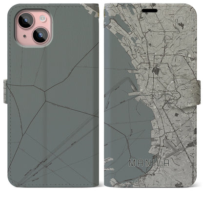【マニラ（フィリピン）】地図柄iPhoneケース（手帳タイプ）モノトーン・iPhone 15 Plus 用