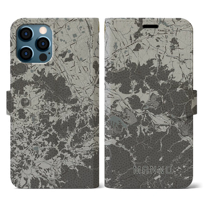 【まんのう（香川県）】地図柄iPhoneケース（手帳タイプ）モノトーン・iPhone 12 / 12 Pro 用