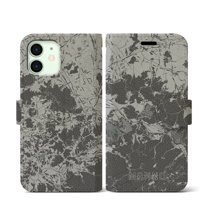【まんのう（香川県）】地図柄iPhoneケース（手帳タイプ）モノトーン・iPhone 12 mini 用