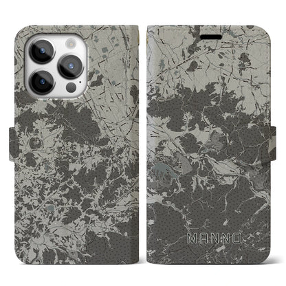 【まんのう（香川県）】地図柄iPhoneケース（手帳タイプ）モノトーン・iPhone 14 Pro 用