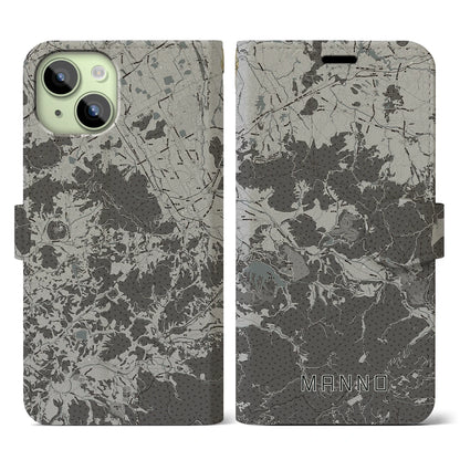 【まんのう（香川県）】地図柄iPhoneケース（手帳タイプ）モノトーン・iPhone 15 用