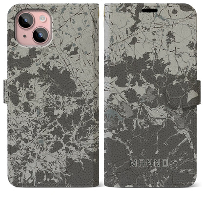 【まんのう（香川県）】地図柄iPhoneケース（手帳タイプ）モノトーン・iPhone 15 Plus 用