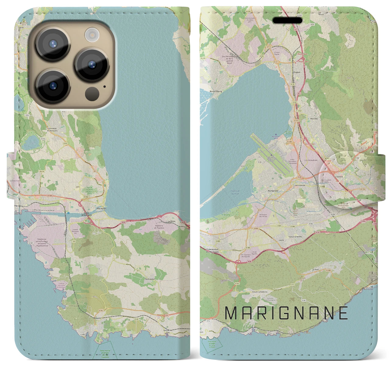 【マリニャーヌ（フランス）】地図柄iPhoneケース（手帳タイプ）ナチュラル・iPhone 14 Pro Max 用