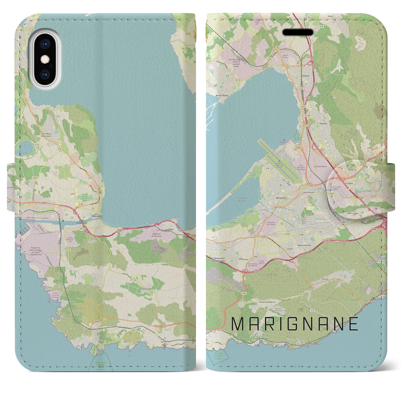 【マリニャーヌ（フランス）】地図柄iPhoneケース（手帳タイプ）ナチュラル・iPhone XS Max 用