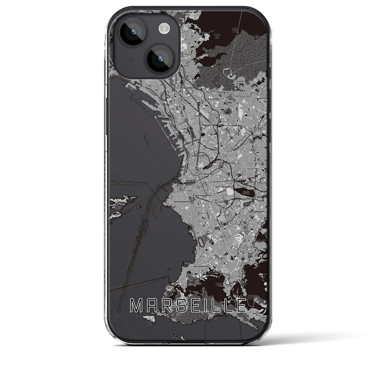 【マルセイユ（フランス）】地図柄iPhoneケース（クリアタイプ）モノトーン・iPhone 14 Plus 用