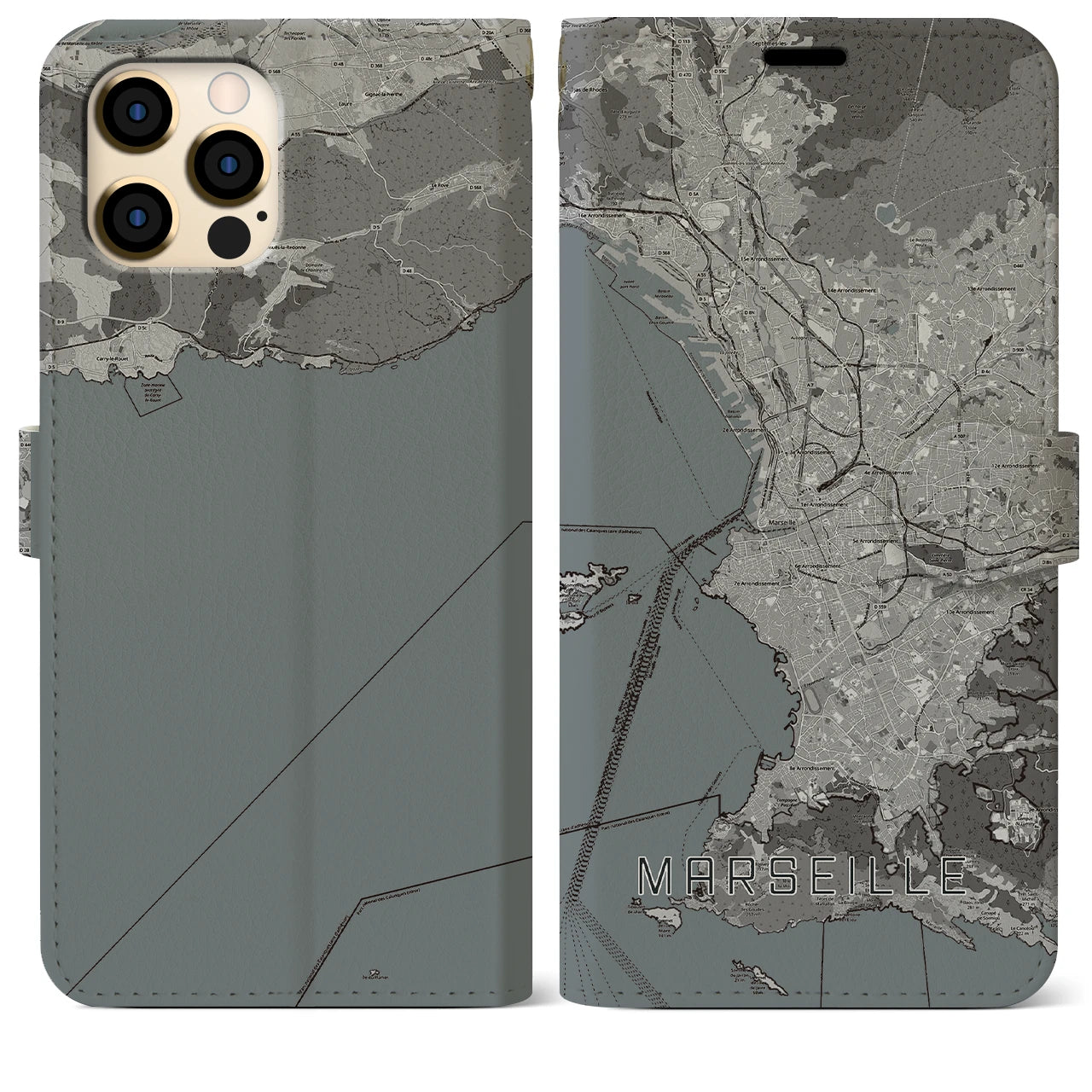 【マルセイユ】地図柄iPhoneケース（手帳両面タイプ・モノトーン）iPhone 12 Pro Max 用