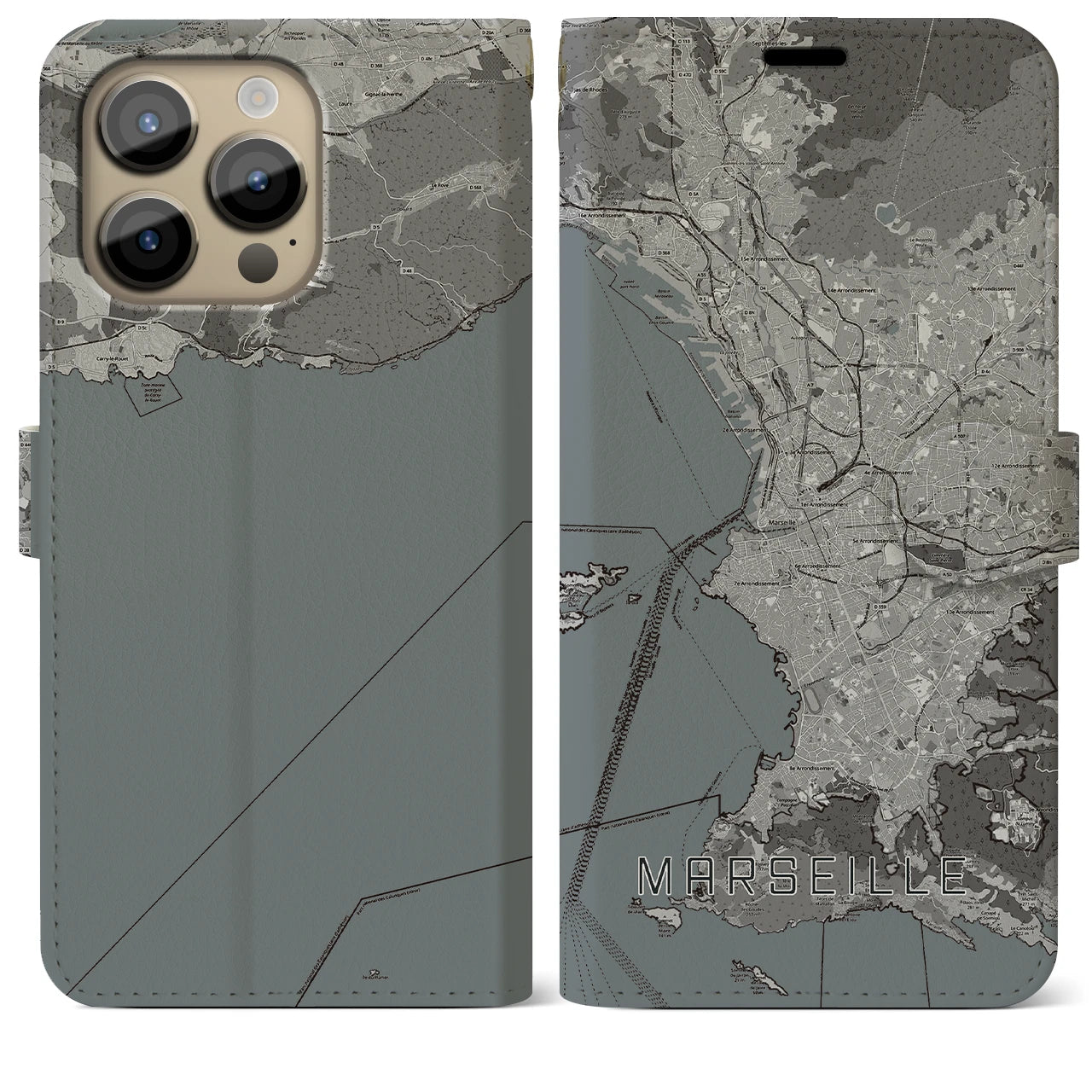【マルセイユ】地図柄iPhoneケース（手帳両面タイプ・モノトーン）iPhone 14 Pro Max 用