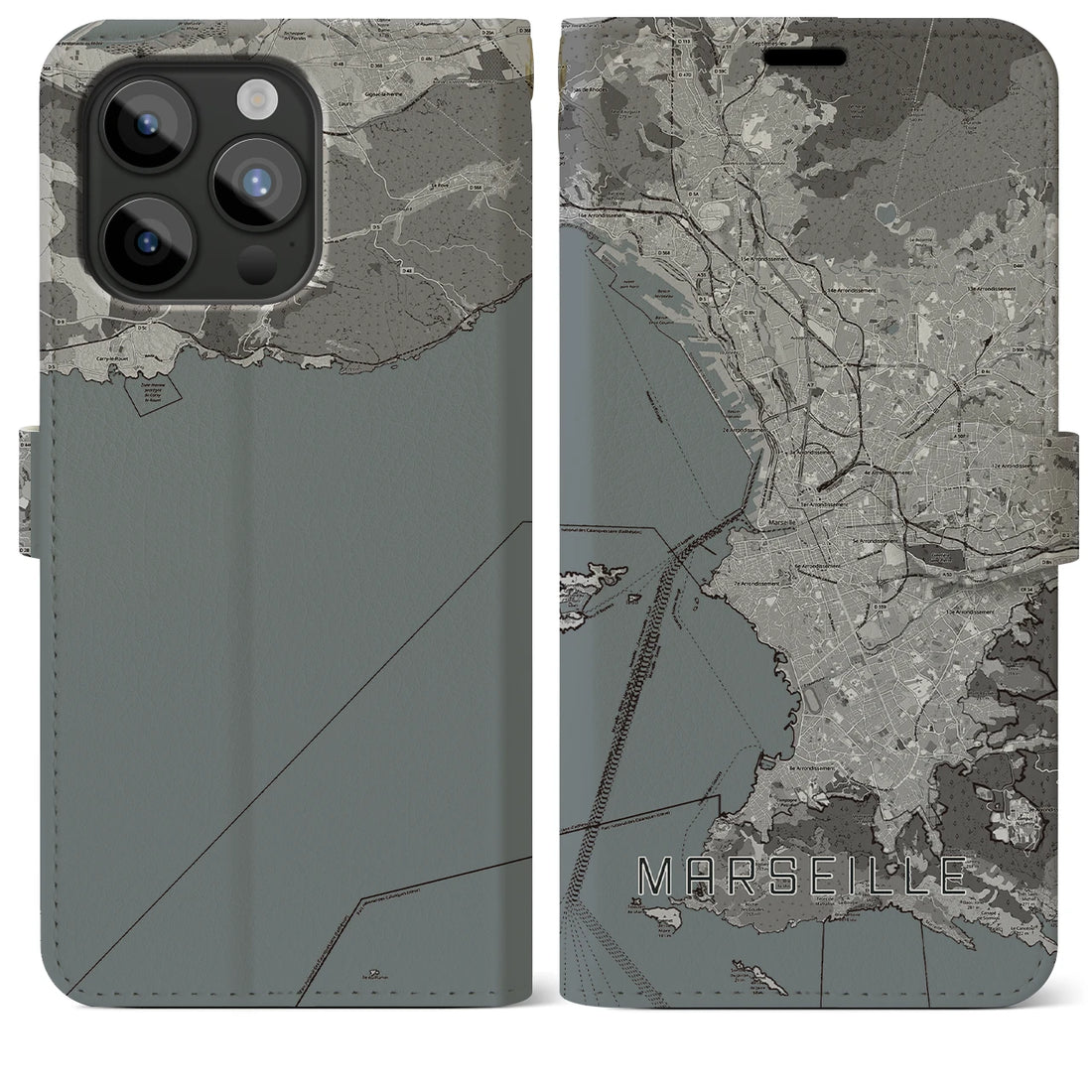 【マルセイユ】地図柄iPhoneケース（手帳両面タイプ・モノトーン）iPhone 15 Pro Max 用