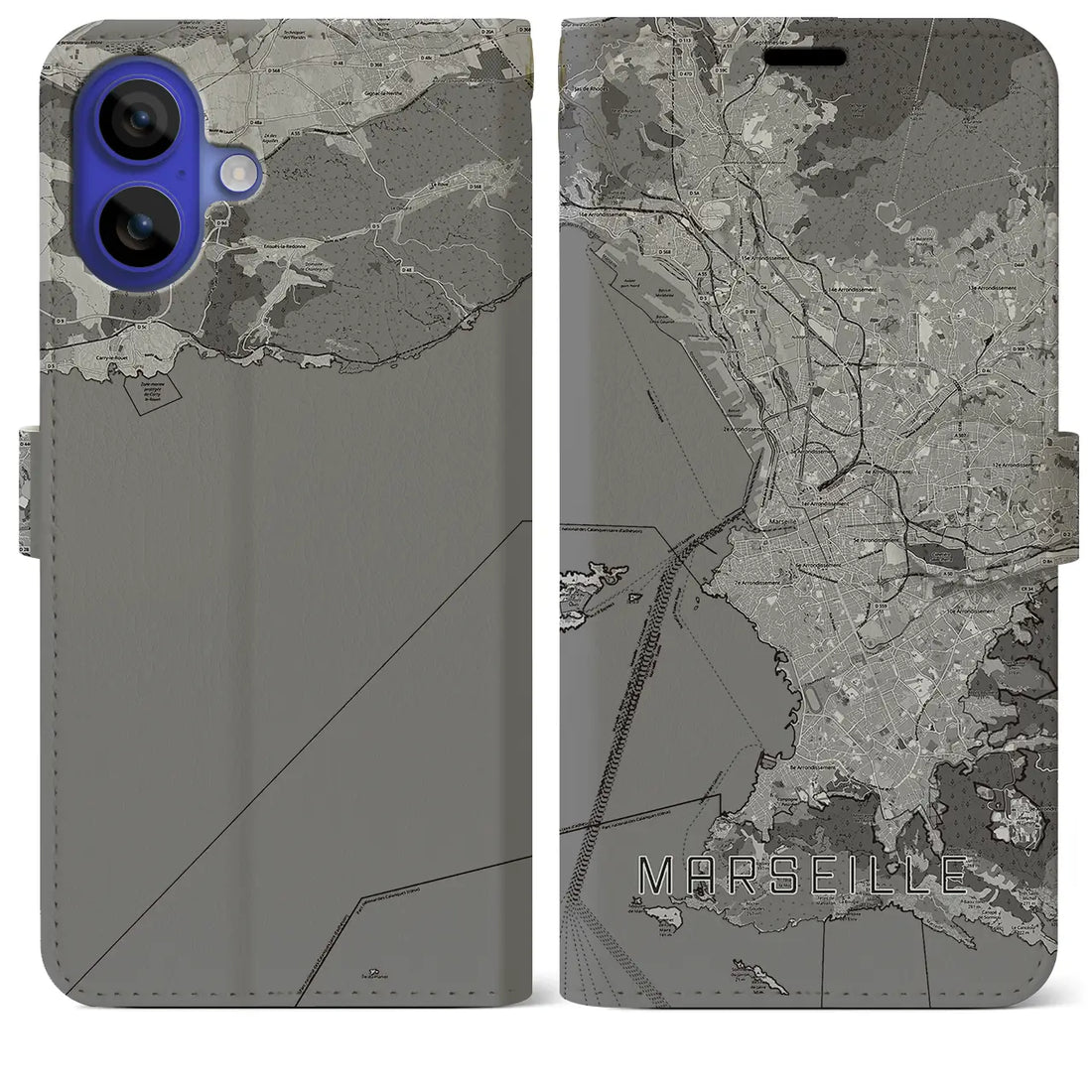 【マルセイユ(フランス)】地図柄iPhoneケース(手帳タイプ)モノトーン・iPhone 16 Pro Max 用