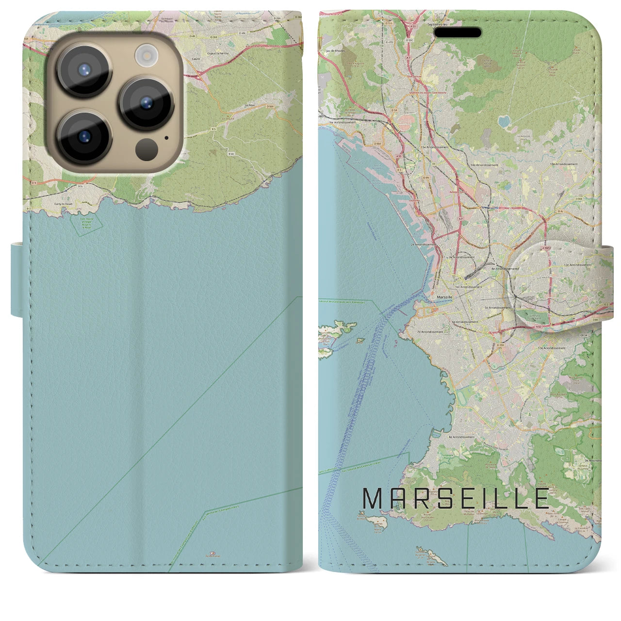 【マルセイユ（フランス）】地図柄iPhoneケース（手帳タイプ）ナチュラル・iPhone 14 Pro Max 用