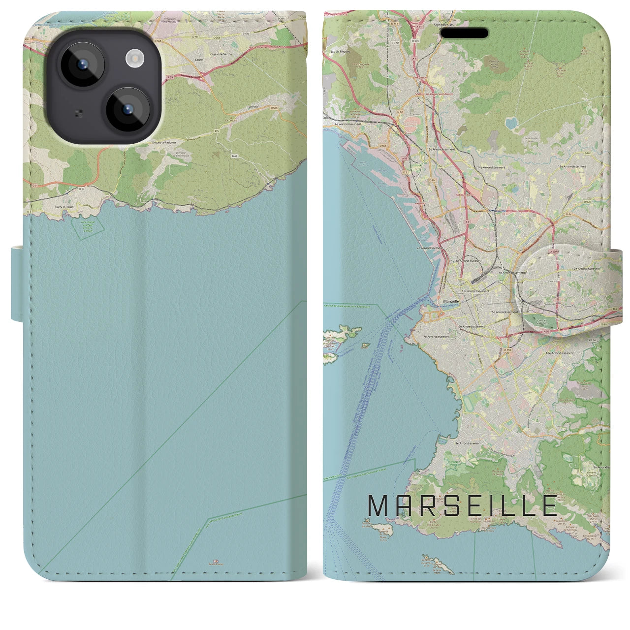 【マルセイユ（フランス）】地図柄iPhoneケース（手帳タイプ）ナチュラル・iPhone 14 Plus 用