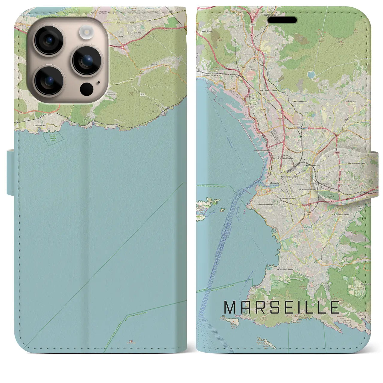 【マルセイユ（フランス）】地図柄iPhoneケース（手帳タイプ）ナチュラル・iPhone 16 Plus 用