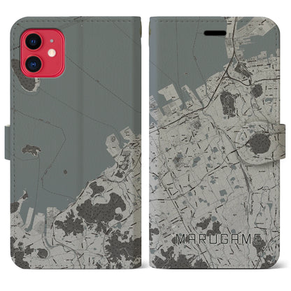 【丸亀（香川県）】地図柄iPhoneケース（手帳タイプ）モノトーン・iPhone 11 用