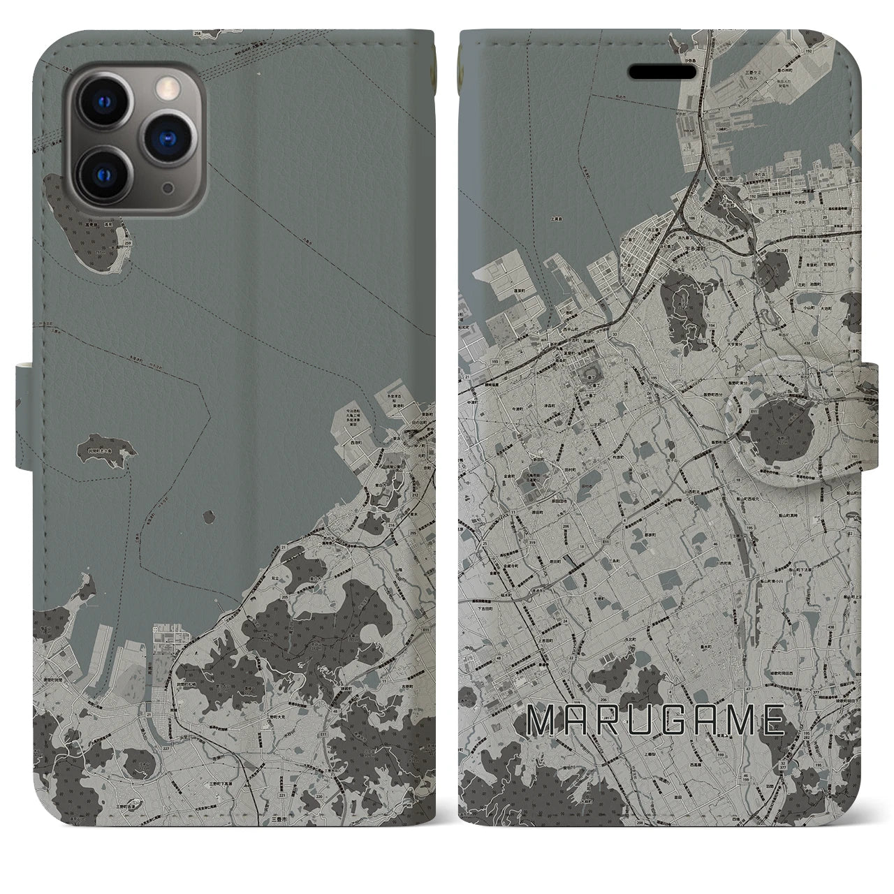 【丸亀】地図柄iPhoneケース（手帳両面タイプ・モノトーン）iPhone 11 Pro Max 用