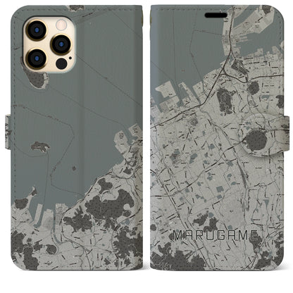 【丸亀（香川県）】地図柄iPhoneケース（手帳タイプ）モノトーン・iPhone 12 Pro Max 用