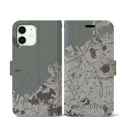 【丸亀（香川県）】地図柄iPhoneケース（手帳タイプ）モノトーン・iPhone 12 mini 用